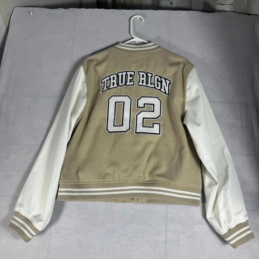 NWT True Religion Mens True Varsity Jacket Beige White Minimal Streetwear‎ XL
